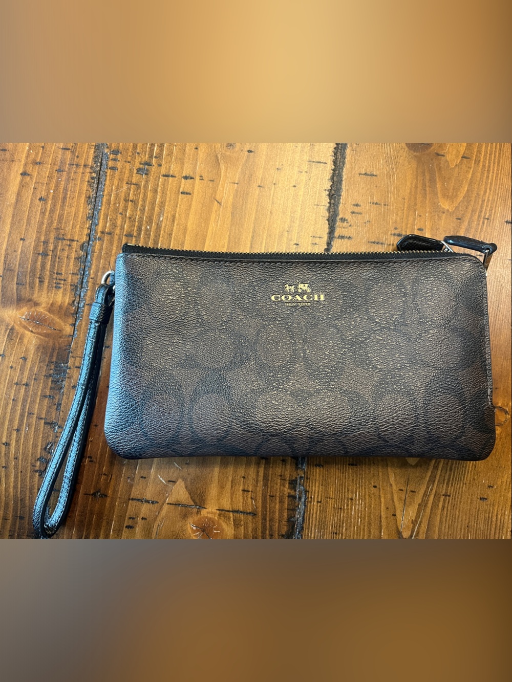Coach Outlet Black Signature Zip Wristlet with Gold Logo